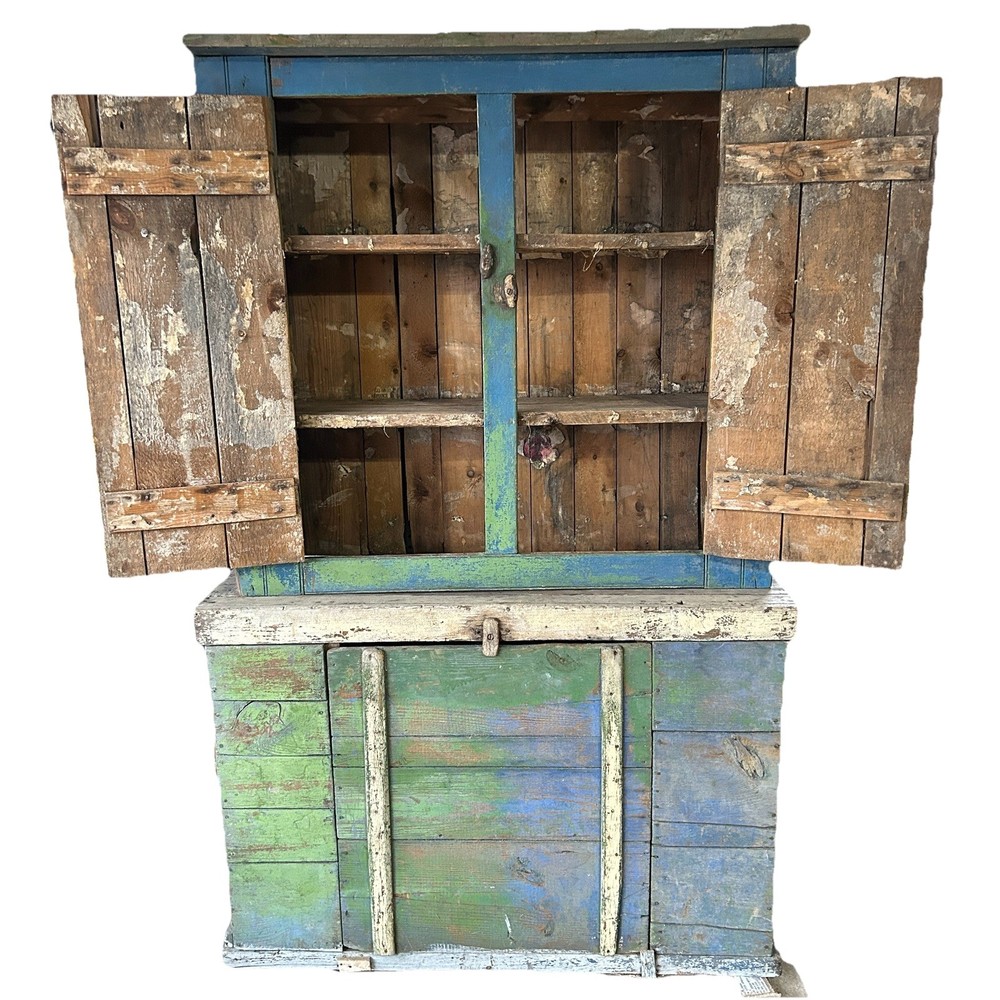 Primitive 2pc Step Back Wall Cupboard Blue & Green Patina Pickup 61103