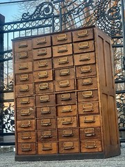 Large solid wood, antique multi drawer card catalog cabinet