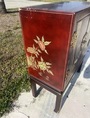 Vintage Hand Painted Red Lacquer Asian Oriental Cabinet Table Made in Spain