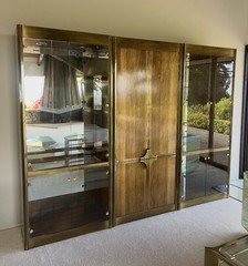 1970s Mastercraft 3 Piece Wall Unit cabinet , Has The Tag. Brass Wood and Glass