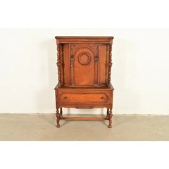 Antique English Jacobean Carved Oak Bar Cabinet, Circa 1920s