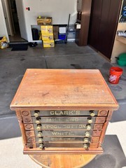 Antique Clark’s Mile End Spool Cotton Cabinet With Embossed Tin