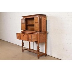 Antique English Jacobean Carved Oak Bar Cabinet, Circa 1920s