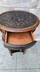 Italian Style Raised Faux Leather Walnut Oval Cabinet / Side Table