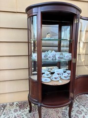 65301 Vintage Bow Front Curio Cabinet with Inlaid Mahogany Design
