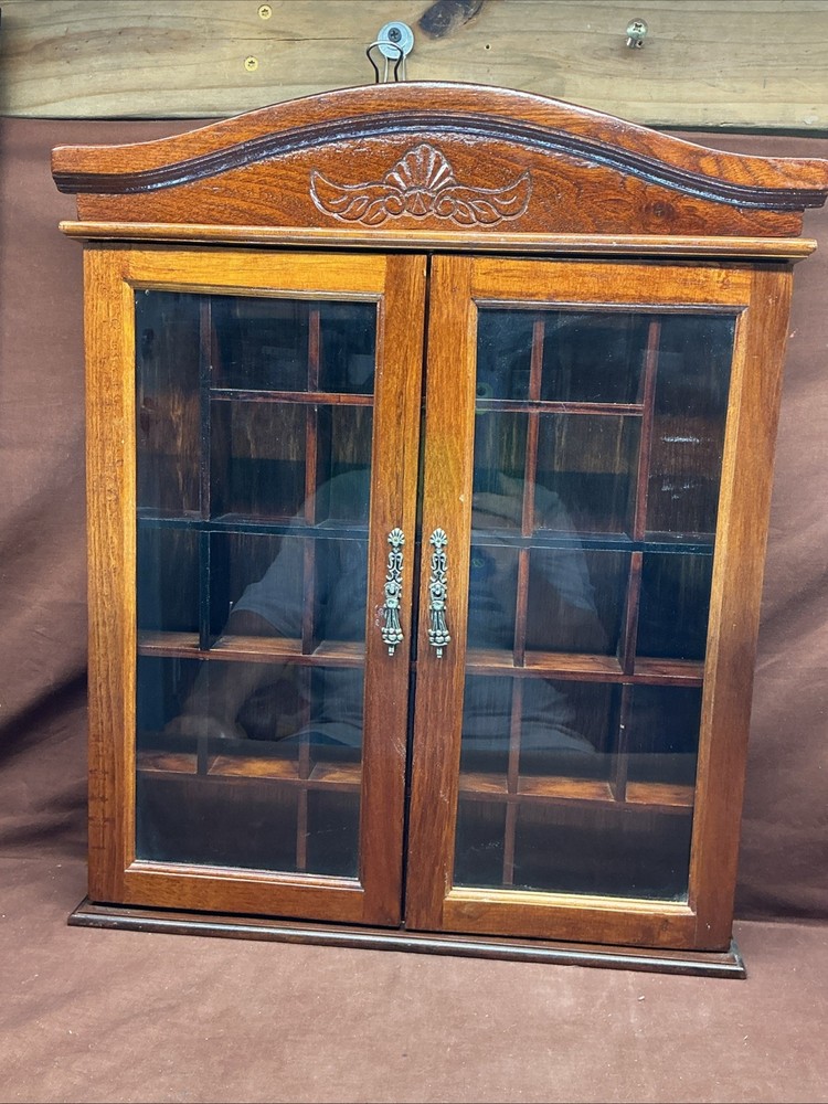 Vintage Trinket Shadow Box Display Curio Cabinet Glass Doors Wooden 17″