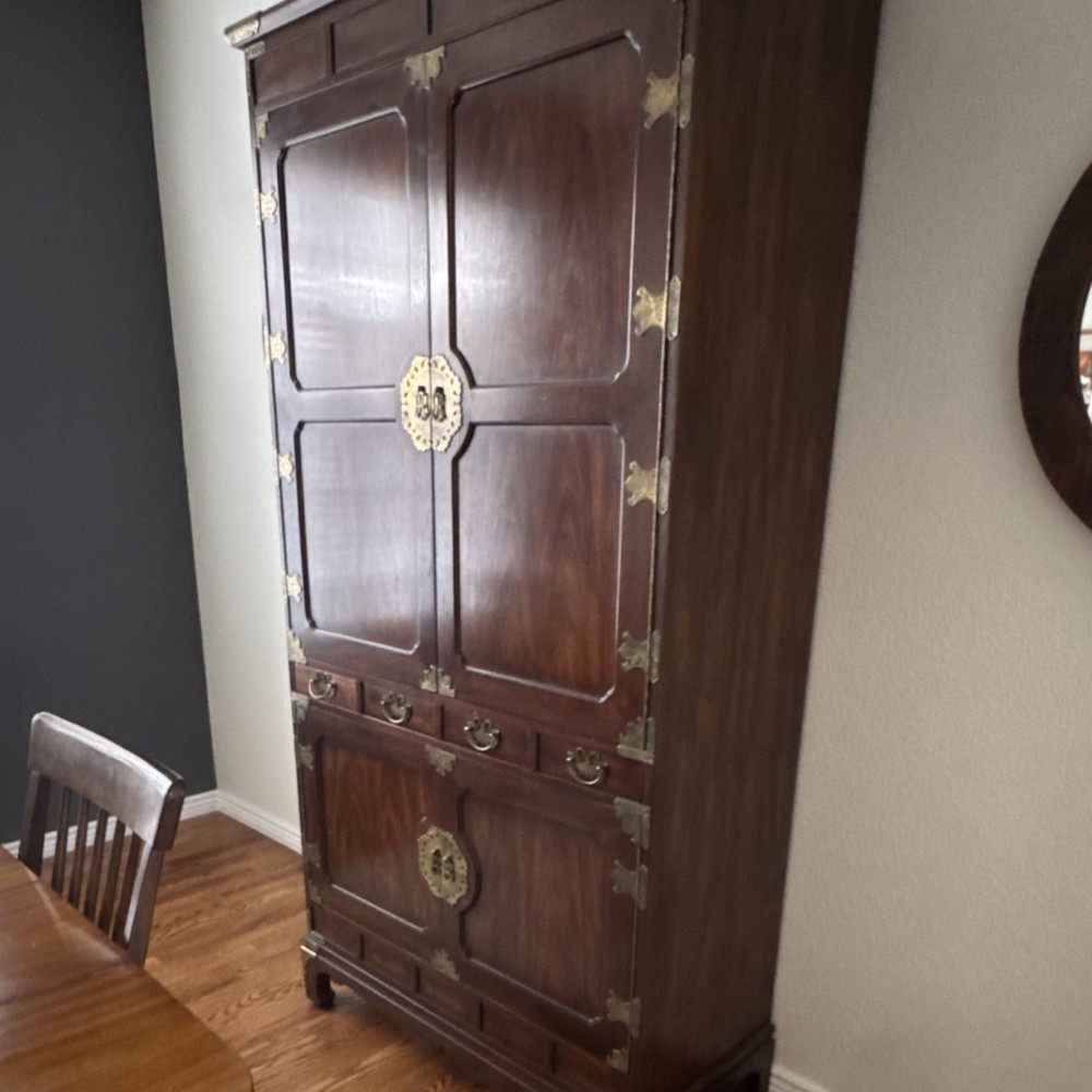 Antique Asian Style Brown Wood Cabinet with Brass Hardware, 4 Doors, 3 Drawers