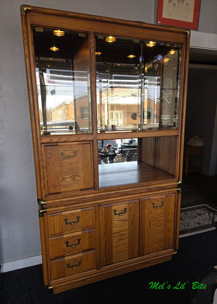 Vintage Campaign Style Oak China Hutch