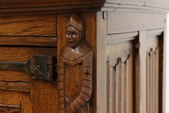 Gothic Antique Oak Bar, Hall or Bath Cabinet, Carved Knights #55395
