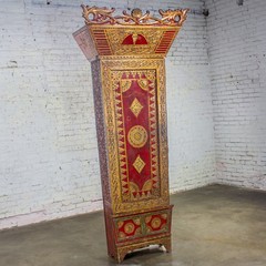 Antique Indonesian Maduran Red Painted & Gilded Tall Cabinet or Storage Chest