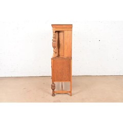 Antique English Jacobean Carved Oak and Burl Wood Bar Cabinet, Circa 1920s