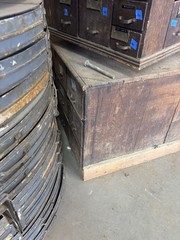 Antique Wooden Drawer Cabinet with Metal Handles, Horse & Mule Shoes Label