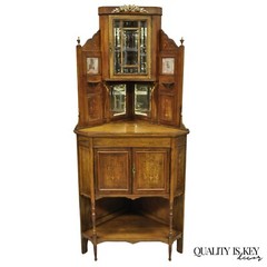 Antique French Victorian Inlaid Mahogany Corner China Cabinet Display Curio