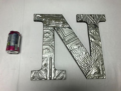 Decorative Salvaged Tin Ceiling 16″ Patchwork Silver Metal Letter N Old 1626-23B