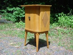 Vintage Mid Century Modern Blonde Tambour Door Cabinet Table Stand