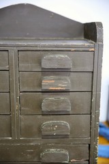 Antique apothecary cabinet wood drawer tool box watchmaker typeset Vintage green