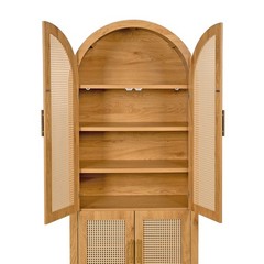 71″ Tall Arched Cabinet with Rattan Doors & Adjustable Shelves, Oak