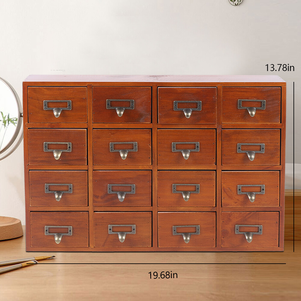 Antique Apothecary Cabinet Wood Box with 16 Drawers Desk Drawer Organizer Box