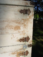 Tall Pine Three-Door Ice Box, Pantry. Old Mustard White Paint
