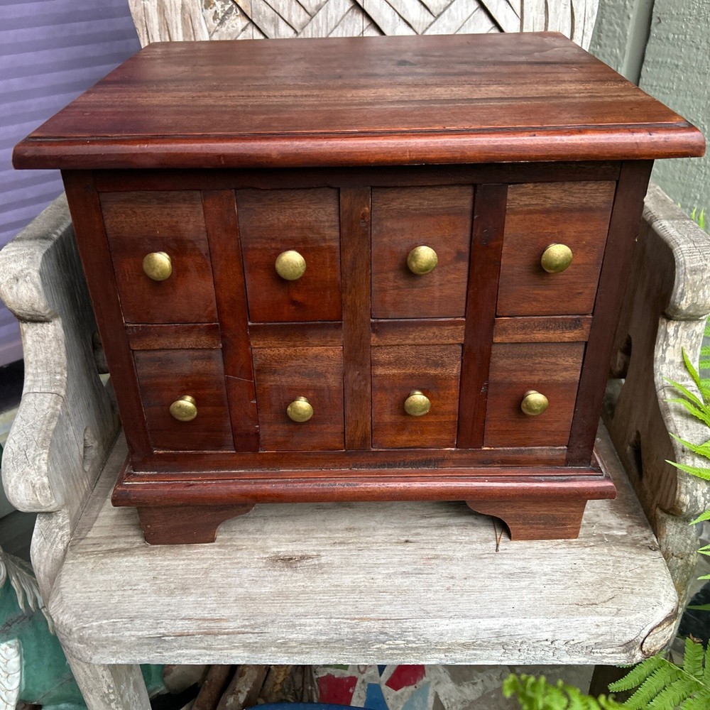 Antique Apothecary Spice Chest, Footed Horizontal Cabinet, 8 Drawers Brass Knobs