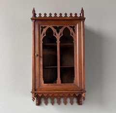 French Antique Gothic Revival Solid Oak and Walnut Wood Bar or Wall Cabinet
