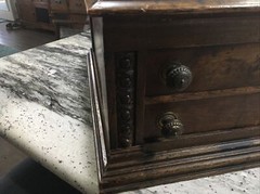 Antique “CLARK’S ONT” Oak Spool Cabinet, 4 Drawers, Slant top desk.  EXC COND