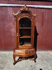 Antique Curio Bombay style Cabinet Carved Wood & Glass 3 Shelves