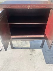 Vintage Hand Painted Red Lacquer Asian Oriental Cabinet Table Made in Spain