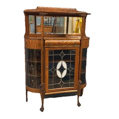 Antique Tiger Oak Bow Side China W/Leaded Glass Door & Carved Lion Heads