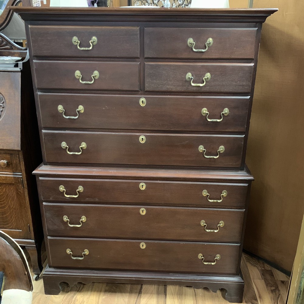 VTG 1950s Link Taylor Hand Carved Solid Mahogany Wood 9 Drawer Chest On Chest