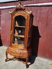 Antique Curio Bombay style Cabinet Carved Wood & Glass 3 Shelves