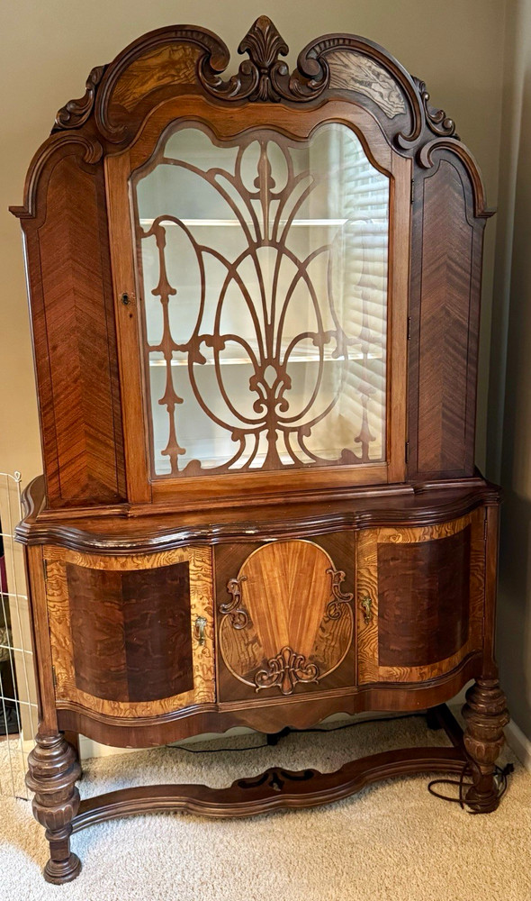 Antique Stained Wood & Glass China Cabinet, Curved Front, Interior light.