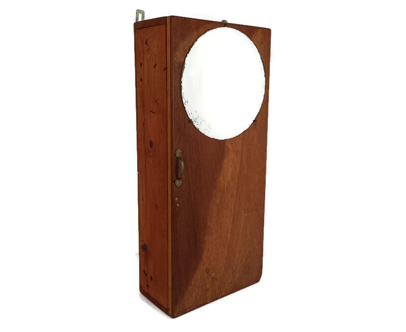 Large Wall hanging Cabinet Vintage Round Mirror Wood Medicine Bathroom Apothec