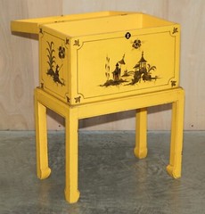 ANTIQUE JAPANNED YELLOW ORIENTAL SIDE CHEST ON STAND HAND PAINTED & LACQUERED