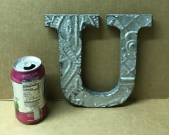 Decorative Salvaged Tin Ceiling 8″ Patchwork Shabby Silver Letter U Old 204-26B