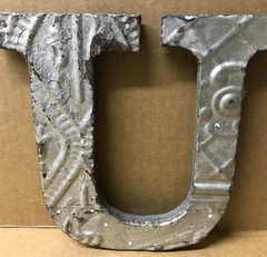 Decorative Salvaged Tin Ceiling 8″ Patchwork Shabby Silver Letter U Old 204-26B
