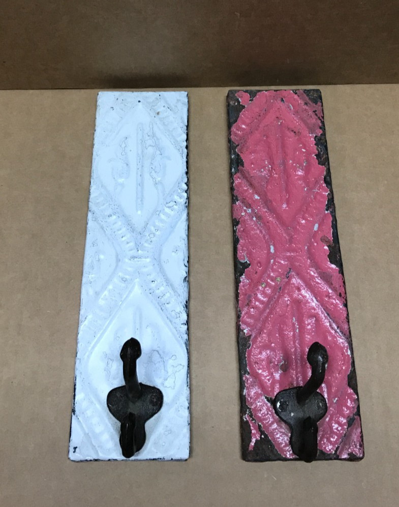 VTG Decorative Set 2 Tin Ceiling Metal Single Hook Wall Rack Plaque Old 403-26B
