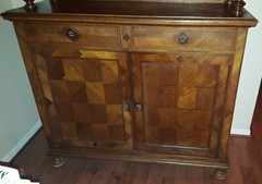 Antique Early 1900’s Dark Oak 84″ China Buffet With Hutch. 4.5′ Wide x 17″ Deep