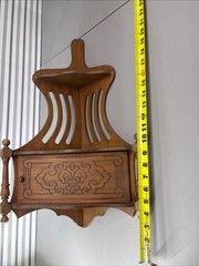 Vintage Mid Century Scroll Cut Fretwork Corner Wall Cabinet, Floral Carved Door