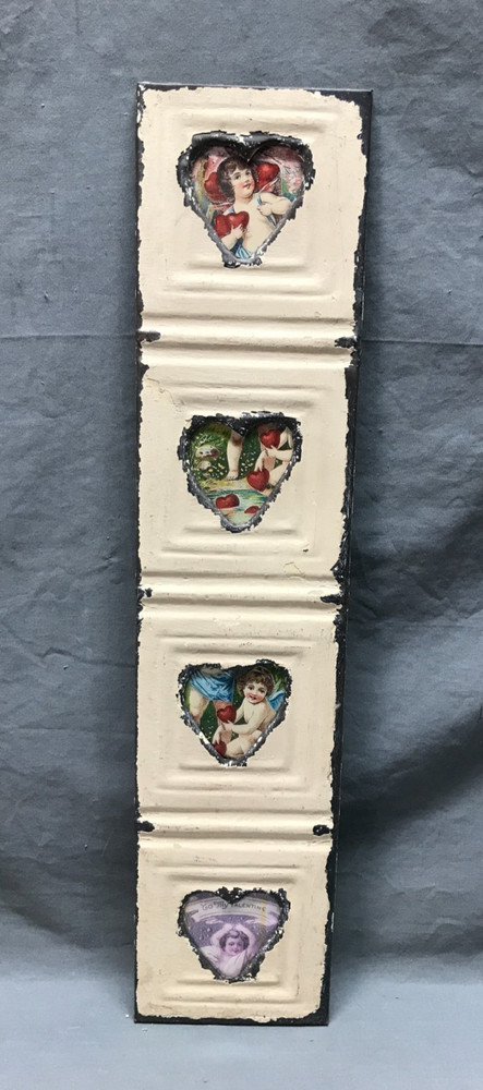 VTG 5×23 Multi Quad 3″ Heart Photo Tin Ceiling Metal Picture Frame Old 1840-25B