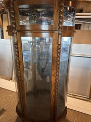 Antique Glass Fronted Wood Curio Cabinet with Carvings, Brass Handle, 2 Shelves