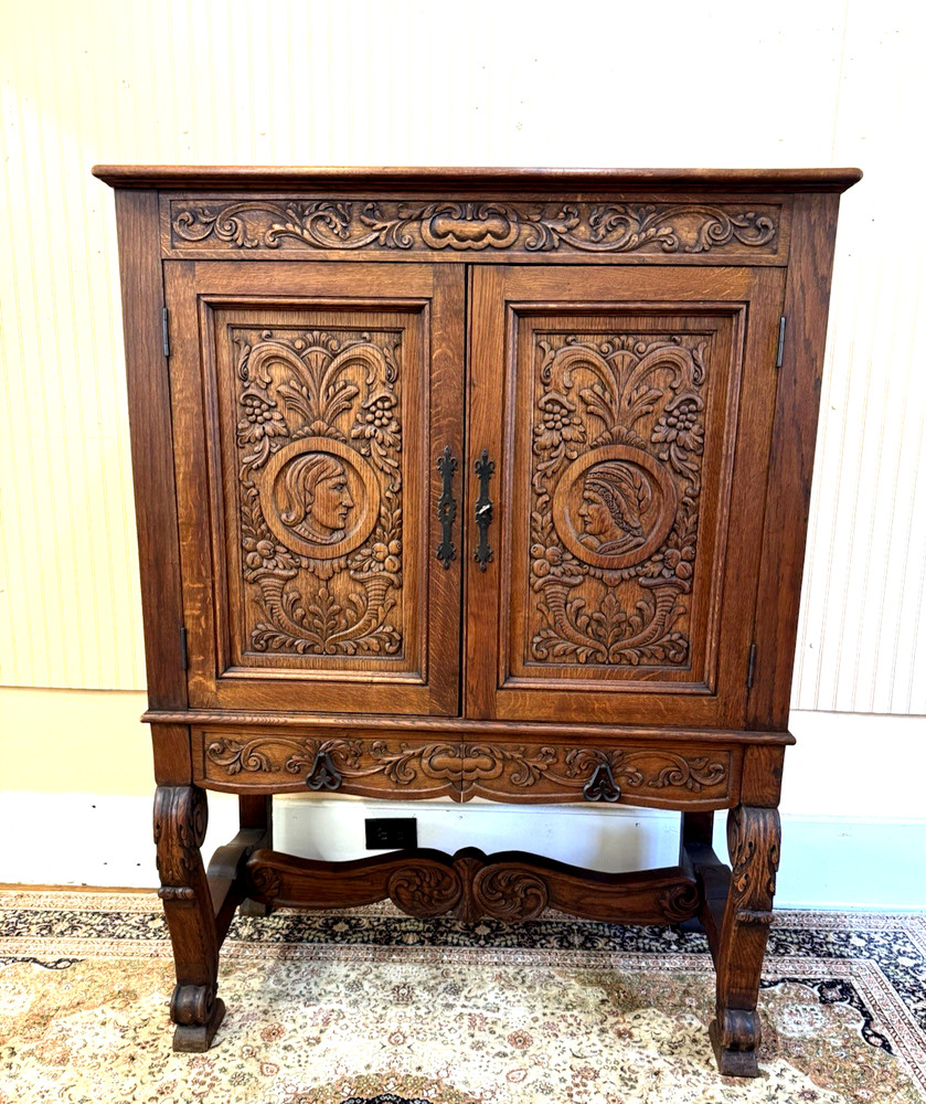 French Antique Renaissance Oak Two Doors & Two Drawer Haul Cabinet