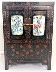 Early 20th-C Chinoiserie Lacquered Hand Painted Cabinet Porcelain Panel Door