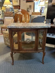 Antique Oak Glass and Stone French Style Vitrine Cabinet with Velvet Interior