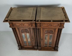 pair Stunning Antique Corner Cabinets Hand Carved Wood right left corner with s