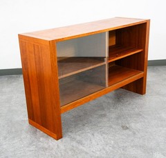 Mid Century Danish Modern Bookshelf Cabinet Teak Shelves Glass Shelves 30″ Mcm