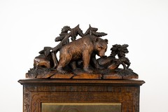 Antique carved Black Forest wood wall corner cabinet bear hunter litho
