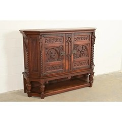 Antique French Gothic Revival Oak Bar Cabinet With Carved Figures, Circa 1890s