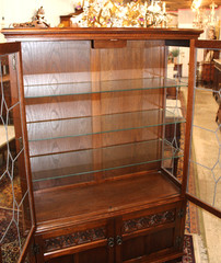 English Antique Oak Display Cabinet | Leaded Glass With Light
