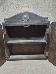 Very Nice MCM Solid Wood Hanging Apothecary Spice Cabinet Vintage Brass Eagle